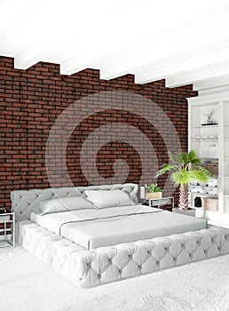 Loft bedroom in modern style interior design with eclectic wall and stylish sofa. 3D Rendering.