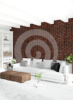 Loft bedroom in modern style interior design with eclectic wall and stylish sofa. 3D Rendering.