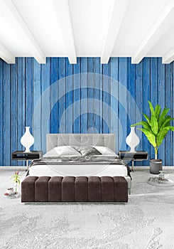 Loft bedroom in modern style interior design with eclectic wall and stylish sofa. 3D Rendering.