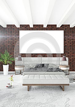 Loft bedroom in modern style interior design with eclectic wall and stylish sofa. 3D Rendering.