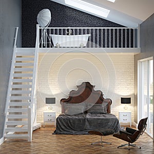 Loft Bedroom Vintage Interior With Brick Wall And Bathtub