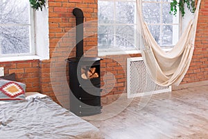 Loft design of interior bedroom studio with wall of bricks and hammock and plants