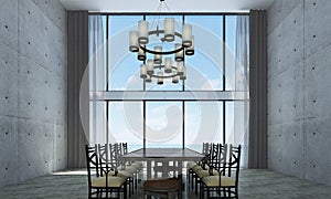 The loft dining room interior design and concrete wall pattern background and sea view