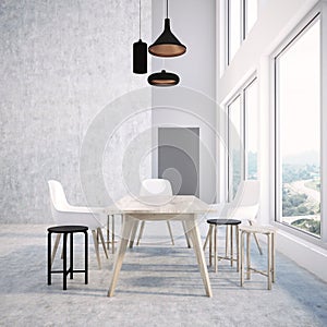 Loft dining room interior, wooden table