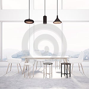 Loft dining room interior, wooden table side view