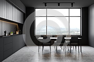 Loft gray and wooden kitchen with table