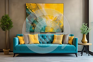Loft home interior design of modern living room. Dark turquoise tufted sofa with virant yellow pillows, AI generate