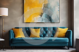 Loft home interior design of modern living room. Dark turquoise tufted sofa with virant yellow pillows, AI generate