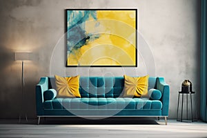 Loft home interior design of modern living room. Dark turquoise tufted sofa with virant yellow pillows, AI generate