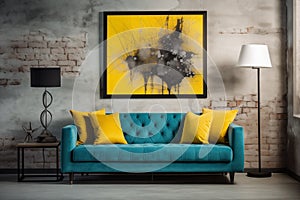 Loft home interior design of modern living room. Dark turquoise tufted sofa with virant yellow pillows, AI generate