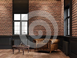 Loft interior with brick, chesterfield armchair, coffee table and windows.