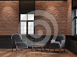 Loft interior with brick wall and armchairs.