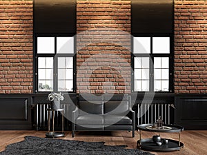 Loft interior with brickwall, leather couch, wood panel, window and carpet.