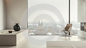 Loft interior design of minimal living room with a panoramic cityscape view a sleek chair, an elegant table with a vase and bowl,