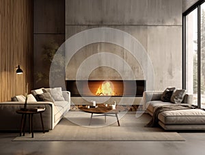 Loft interior design of modern living room with sofa and fireplace. Concrete paneling walls and floor