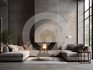 Loft interior design of modern living room with sofa and fireplace. Concrete paneling walls and floor