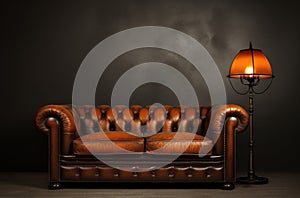 Loft interior. Leather couch and armchair in a dark room