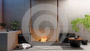 Loft interior living room apartment with fireplace and blank empty cement wall, 3d rendering