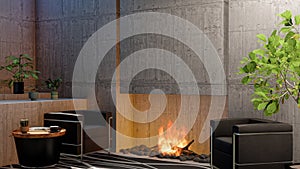 Loft interior living room apartment with fireplace and blank empty cement wall, 3d rendering