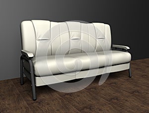 Loft interior mock up photo. White leather sofa. Background photo with copy space for text. Black wall and wooden floor