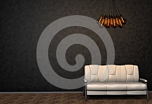 Loft interior mock up photo. White leather sofa and minimalist luster with Tesla lamps. Background photo with copy space