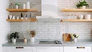 Loft Kitchen Cabinet and Worktop with White Brick Wall Background. Apartment Counter in Contemporary Clean Home. Generative AI