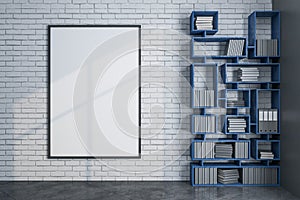 Loft library with bookcase and blank banner on wall