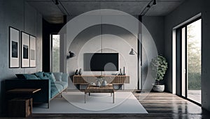 Loft living room with concrete wall, TV zone and blue sofa, Generative AI