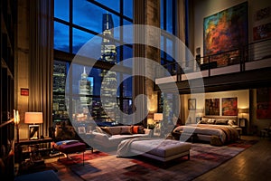 Loft living room with large window, elegant luxury modern home with large windows night lights