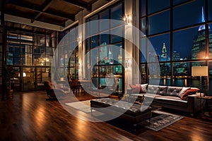 Loft living room with large window, elegant luxury modern home with large windows night lights