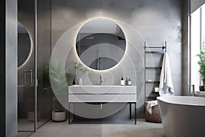 loft luxury gray home design concrete bathroom sink room interior mirror. Generative AI.
