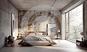 Loft minimalist style interior design of modern bedroom with concrete wall and ceiling. Created with generative AI