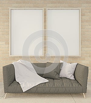Mock up Loft room interior with gray sofa and plants on wooden floor and white brick wall background.3D rendering