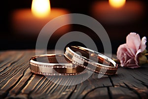 Loft sophistication wedding rings on a wooden background with cozy decor