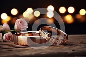 Loft sophistication wedding rings on a wooden background with cozy decor