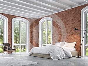 Loft style bedroom with red brick wall 3d render