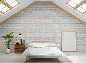 3D rendering Loft style bedroom with white brick wall ,wooden floor,tree,frame for mock up