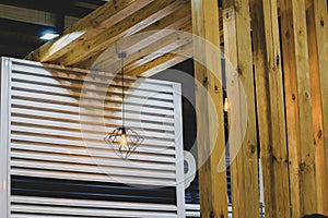 Loft-style construction. Wooden beams and wall