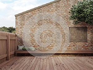 Loft style empty courtyard with empty old brick wall 3d render