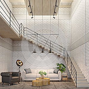 Loft style interior.Black and white armchair,sofa with hanging lamp.White brick wall background.