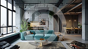 Loft-style interior with concrete, turquoise upholstered sofa and natural lighting