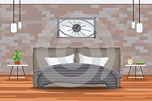 Loft Style Interior Design Vector Illustration.Bed in Front of Brick Wall with Side Tables,Chandeliers,Clocks, Plants.Cartton