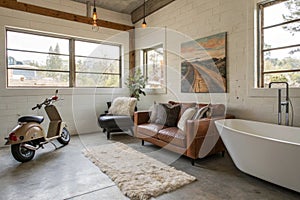 Loft style interior with modern living room and bath