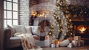 Loft style living room with brick walls. Christmas interior. Fireplace, decorated New Year tree, candles and gift boxes