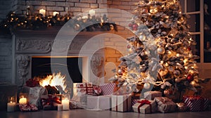 Loft style living room with brick walls. New Year interior. Fireplace, decorated Christmas tree, candles and gift boxes
