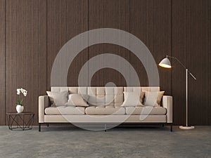 Loft style living room with wood panel wall 3d render photo