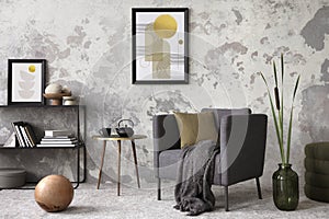 Loft style of modern apartment with green boucle pouf, black design shelf, mock up poster frame, decoration, carpet, book and