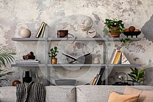 Loft style of modern living room with rack, books, plants, sofa and personal accessories. Gray concrete wall. Home decor. Template