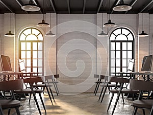 Loft style office interior with sunlight shining into the room 3d render photo