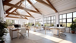 Loft style open space office in a modern urban building. Concrete floor and ceiling with beams, large tables with chairs